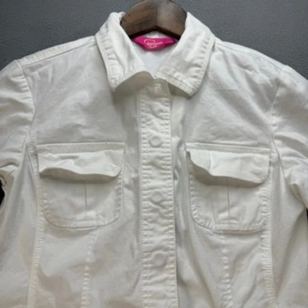 Pappagallo‎ Denim Jacket Utility Shacket Button Up Petite 6P White Flap Pockets